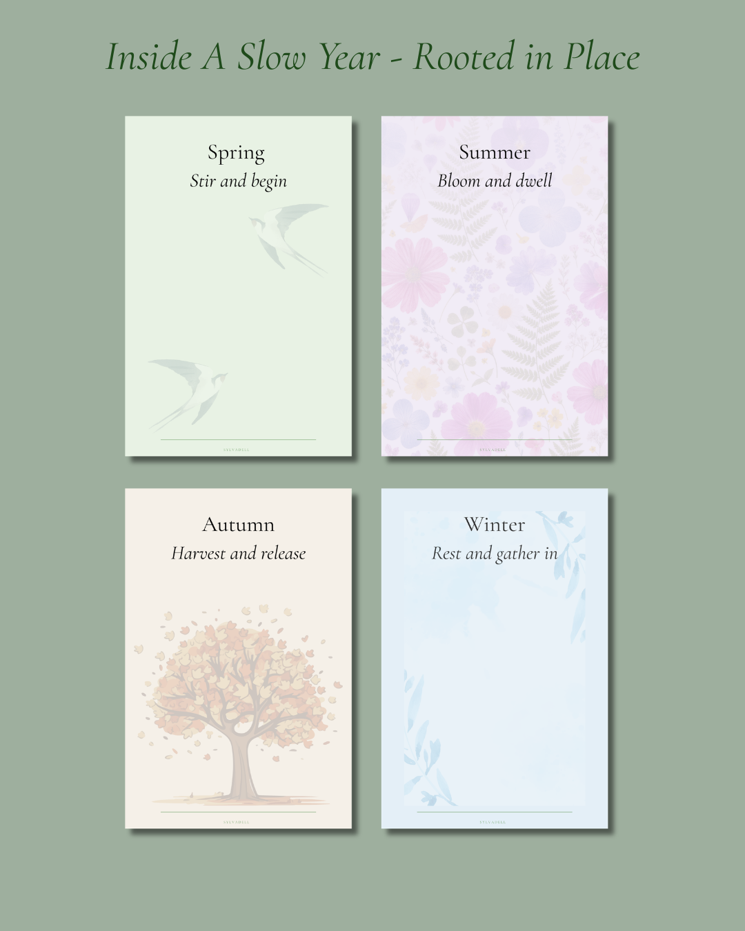 Four preview pages from A Slow Year Rooted in Place: seasonal opening pages.