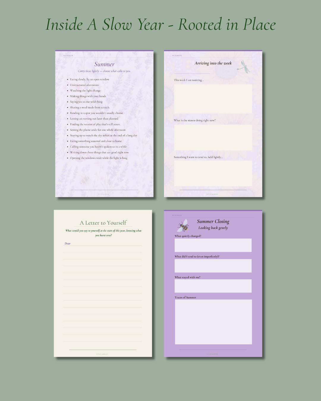 Four preview pages from A Slow Year Rooted in Place: summer activities, weekly page, Letter to Yourself and a summer closing page.