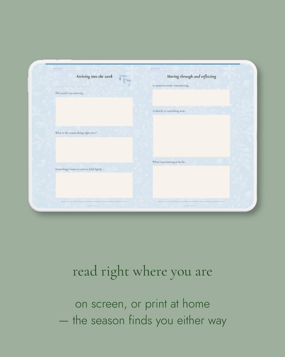 A Slow Year Rooted in Place journal spread shown open on a tablet screen.