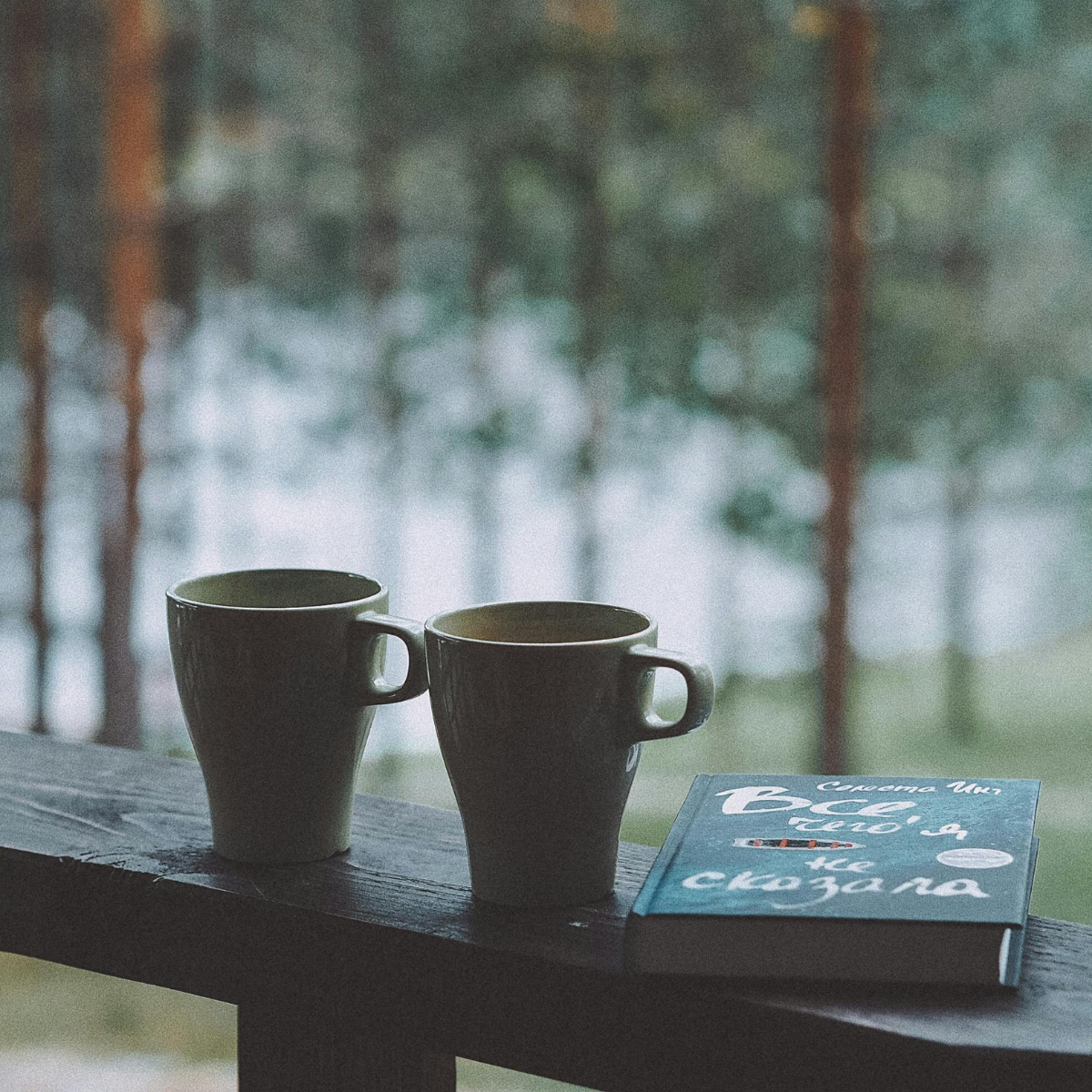 Two mugs and a book on a wooden table with a blurred natural background