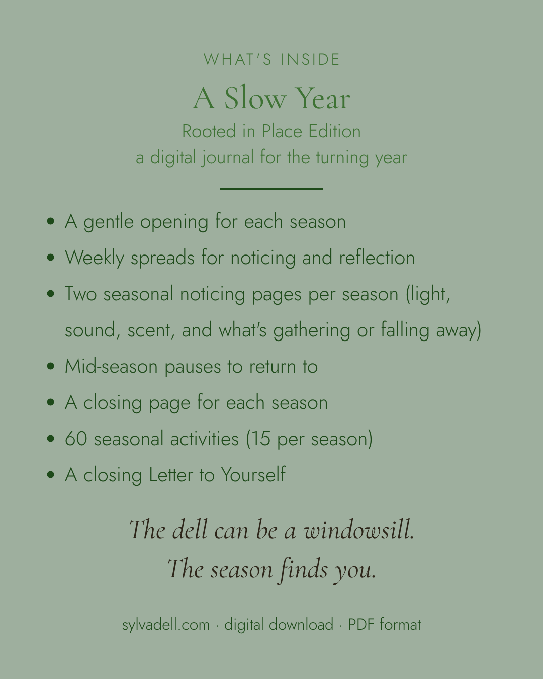 What's included card listing the contents of A Slow Year Rooted in Place digital journal.